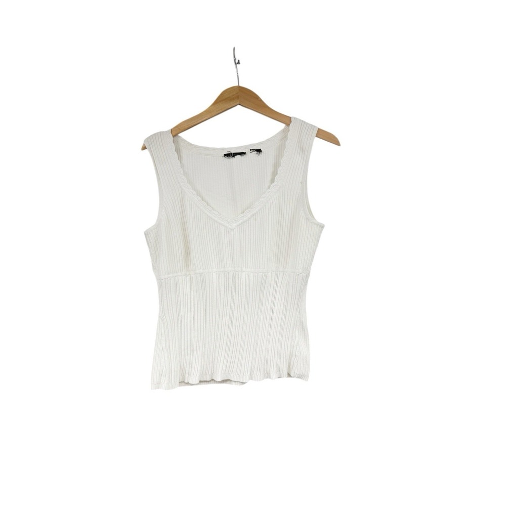 Y2K Style White Knit Babydoll Ribbed Tank Top Timeless French Simple‎ Scallop L?